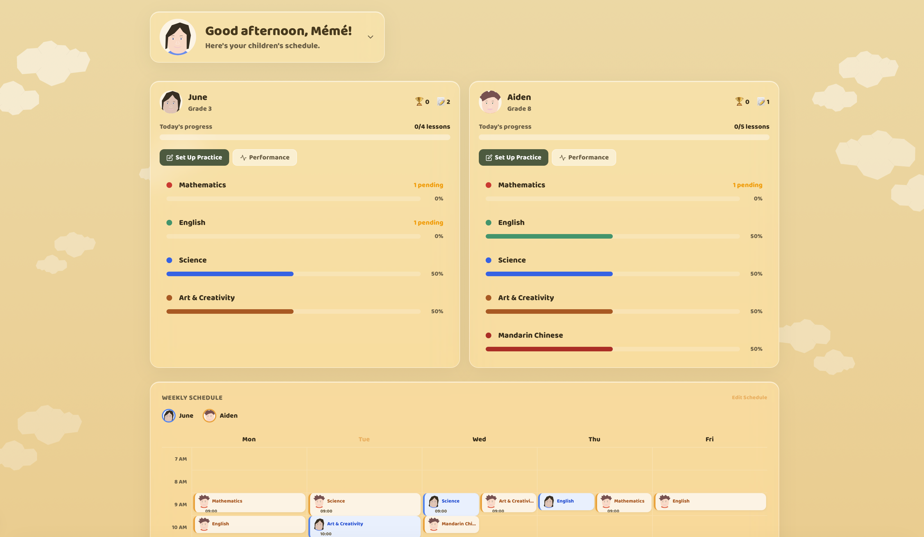 Parent dashboard with children's progress