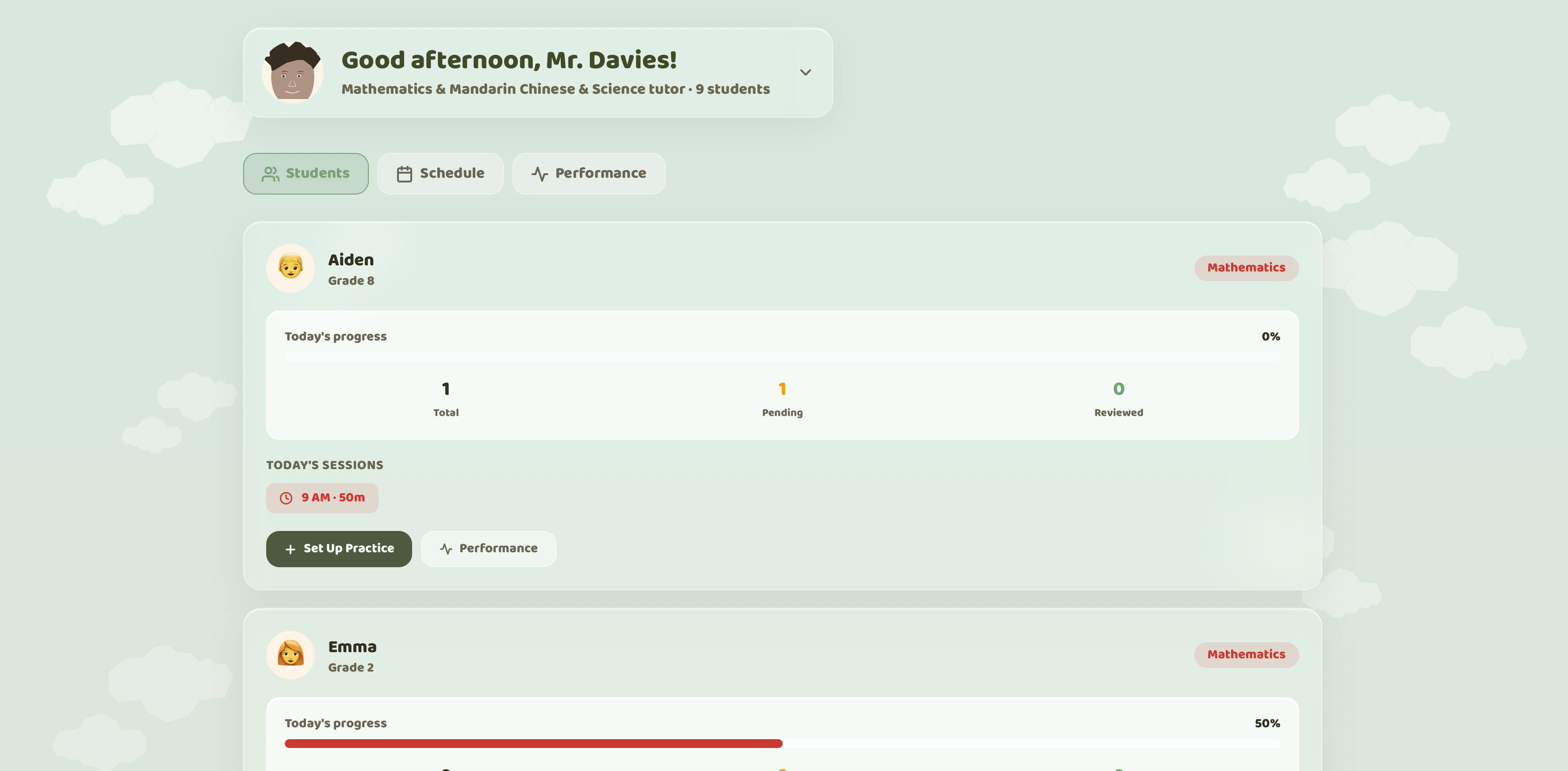 Tutor dashboard with students and progress